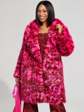AKIRA Cheetah Dynasty Pink Multi Faux Fur Coat